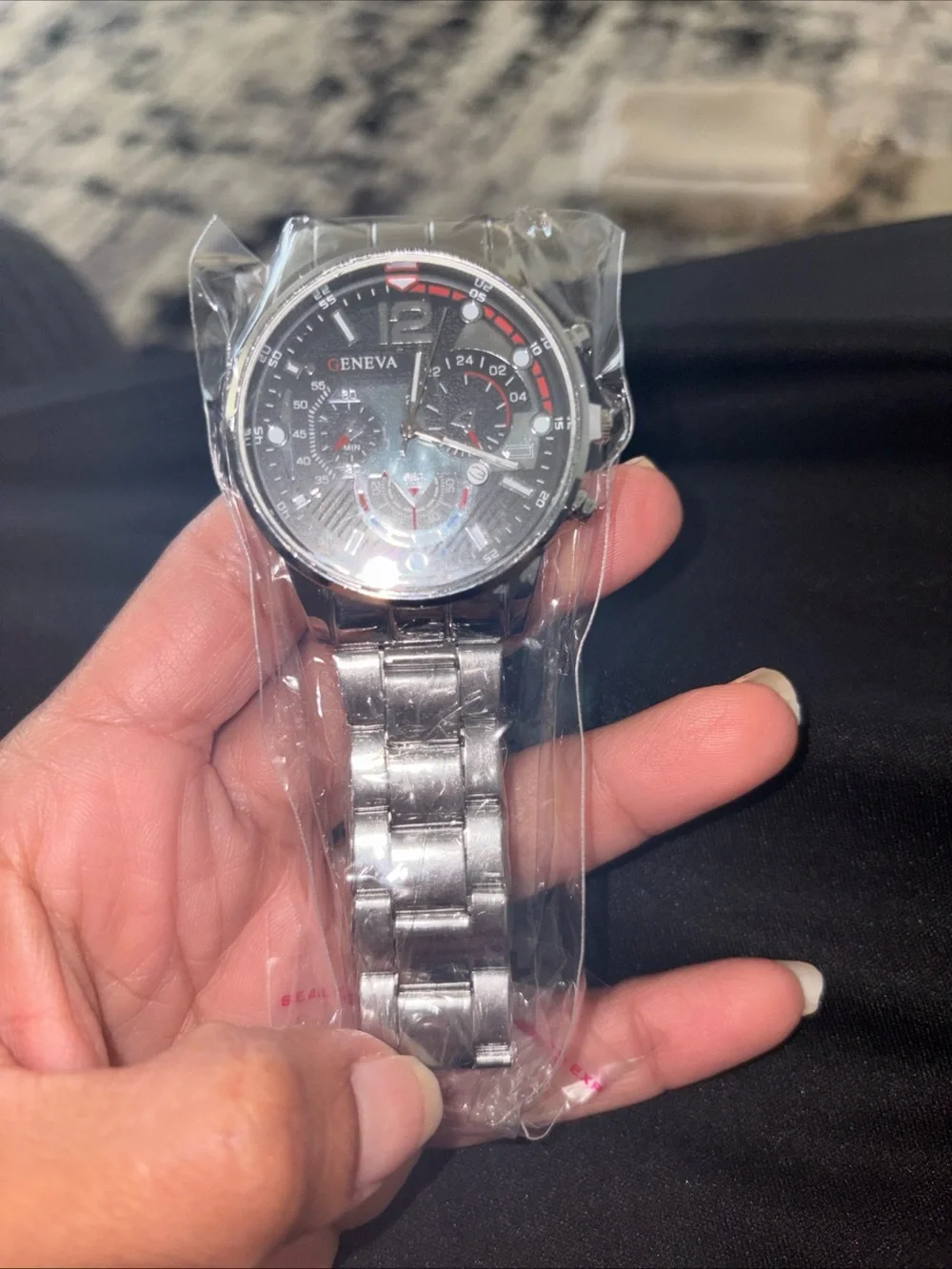 Geneva Silver Bracelet Watch with Black Dial and White Accents